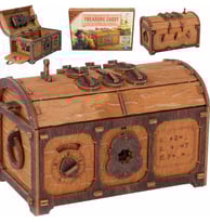 Escape room puzzle box designed as a vintage treasure chest with detailed carvings and hidden compar