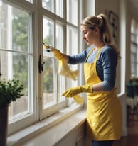 a cleaning lady cleans a window wearing yellow gloves and a yellow apron