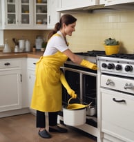 a cleaning lady wearring a yellow apron cleans an oven