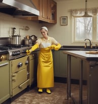 a cleaning lady in a kitchen with yellow gloves on and a yellow apron