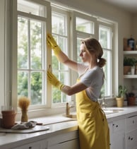 a cleaning lady cleans a window with yellow gloves on