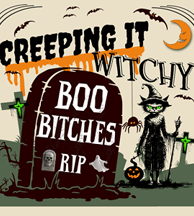  Embrace your spooky side with our "Creeping It Witchy Boo Bitches!" design. Featuring a lone witch 