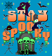   Embrace the Halloween vibe with this 'Stay Spooky' design, featuring a fun mix of skeletons, a mys