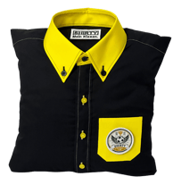 a black shirted pillow with a yellow collar and pocket