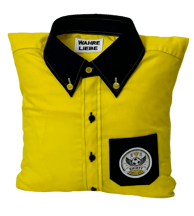 a yellow shirted pillow with a black collar and pocket