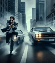 A detective running with his gun drawn being chased by 2 muscle cars