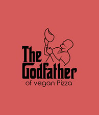 Logo einer Pizzabäckerei mit dem Namen "The Godfather", schwarz auf roten Hintergrund