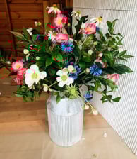 Wild flower silk faux floral arrangement blue, pink and white