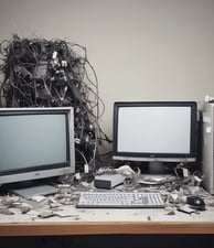 A workbench is cluttered with technology repair tools and disassembled electronic devices. Multiple laptops are open, and an overhead lamp provides focused lighting on the workspace. A backpack sits at the back, amidst a disarray of tools such as screwdrivers, a utility knife, and an organized box of small components. Various pieces of electronic hardware and circuit boards are spread out on the table.