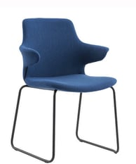 Fully upholstered blue Dora chair with sled base and sculpted arms