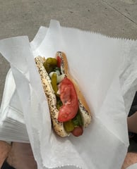 Chicago style hotdog with an all beef Frankfurt on a poppyseed bun with condiments