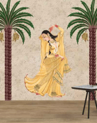 Wallpaper of a woman in a yellow dress is standing in front of a palm tree