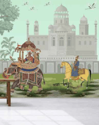 a wall mural of a man and woman riding on horses