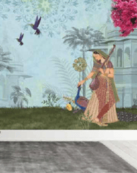 a wallpaper of a woman in a dress and a bird in a garden