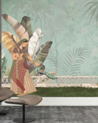 a woman in a chair with a large painting on the wall