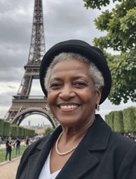A beautiful older black woman in front of the Eiffel Tower