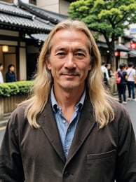 a handsome middle aged man with long blond hair