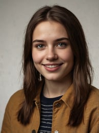 a woman with long hair and a brown jacket
