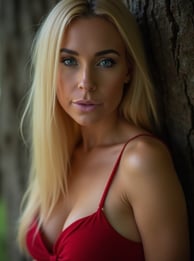 a woman in a red dress posing for a picture