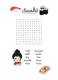 Sushi printable word search for kids