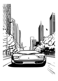 Kleurplaat van een Lamborghini  van voren op de weg in de stad