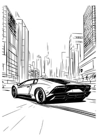 Kleurplaat van een Lamborghini  van de zijkant op de weg in de stad
