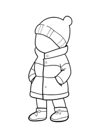 kleurplaat van een peuter met winterkleding