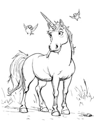Pixar  style unicorn kleurplaat met vogels