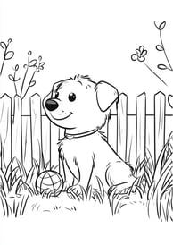 kleurplaat van een hond met een bal in de tuin