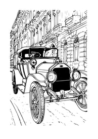 Oude vintage auto kleurplaat en huizen