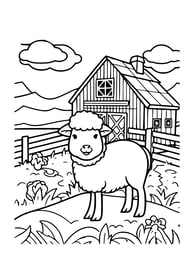 Simpele kleurplaat van een schaap en een boerderiji