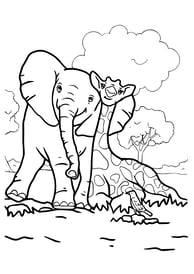 kleurplaat van een olifant en een giraffe