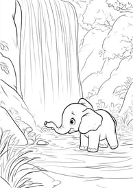 kleurplaat schattige baby olifant bij een waterval