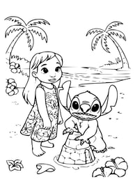 kleurplaat van Lilo en Stitch op het strand