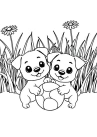 Kleurplaat van twee honden met een bal