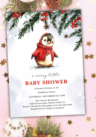 Watercolor Penguin in Red Sweater Baby Shower Invitation