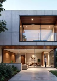 render de fachada de casa moderna de lujo con volúmenes de concreto, madera y ventanales panorámicos en barranquilla