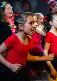 Group of children performing on stage in colorful costumes during a musical theatre production .