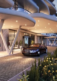 Front entrance of W Cairo Hotel at One Ninety with a luxury Bentley parked at the valet drop-off.