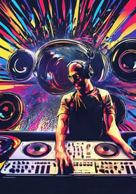 a dj - set up with a dj in front of a colorful background