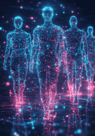 a group of people standing in front of a blue and pink light