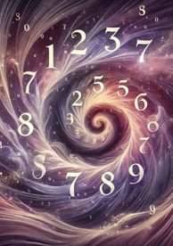 Imagem abstrata representando a numerologia pitagórica com um design fluido e números de 1 a 9 integrados em tons de roxo e l