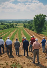 Five men in suits and hats are standing together on a construction site, examining a large blueprint. Behind them, there are two prominent buildings with signs that read 'Penfold Wines' and 'Farmers'. Construction equipment and materials are visible in the background.