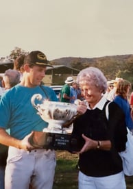 Peter Pickering and mother Joan with the Burlington Cup polo trophy