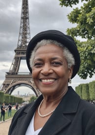 Older African American Woman in front of the Eiffel Tower