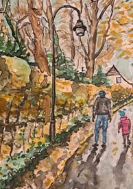 Painting, father and daughter, park