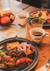 a plate of food and a cup of coffee