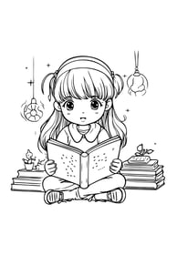 a girl reading a book while sitting on a stack of books