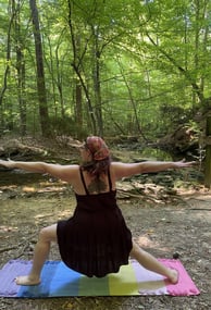 Rachel outdoor and forest with rainbow mat black dress yoga pose
