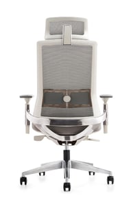 White mesh executive chair with headrest, rear view on casters
